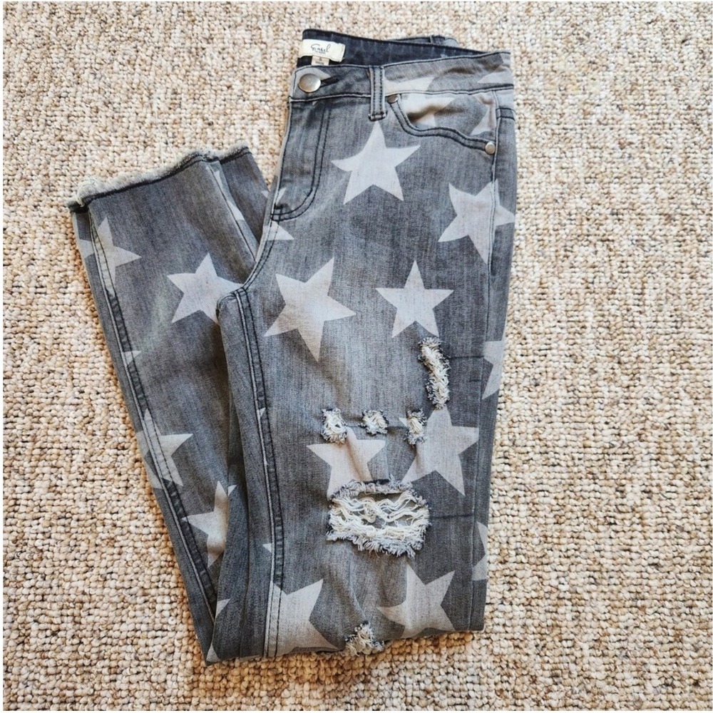 Easel LA Womens Distressed Jeans Star Print Raw Hem Y2K Grunge Americana  Size S